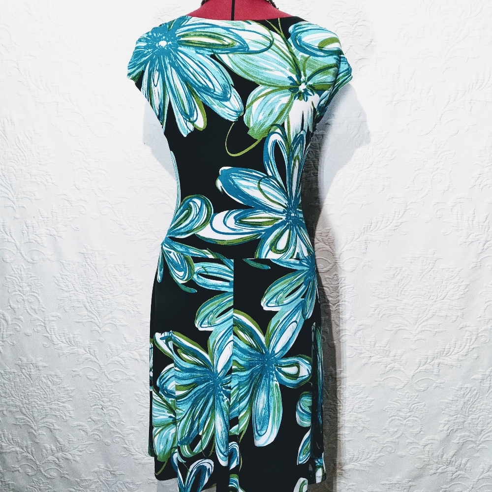 Enfocus Floral Stretchy Fitted Black Blue Midi Dress Size 6 - Picture 8 of 11